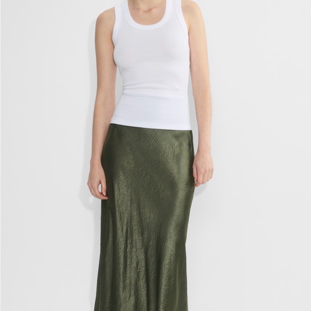 Babaton Olive Green Satin Midi Skirt